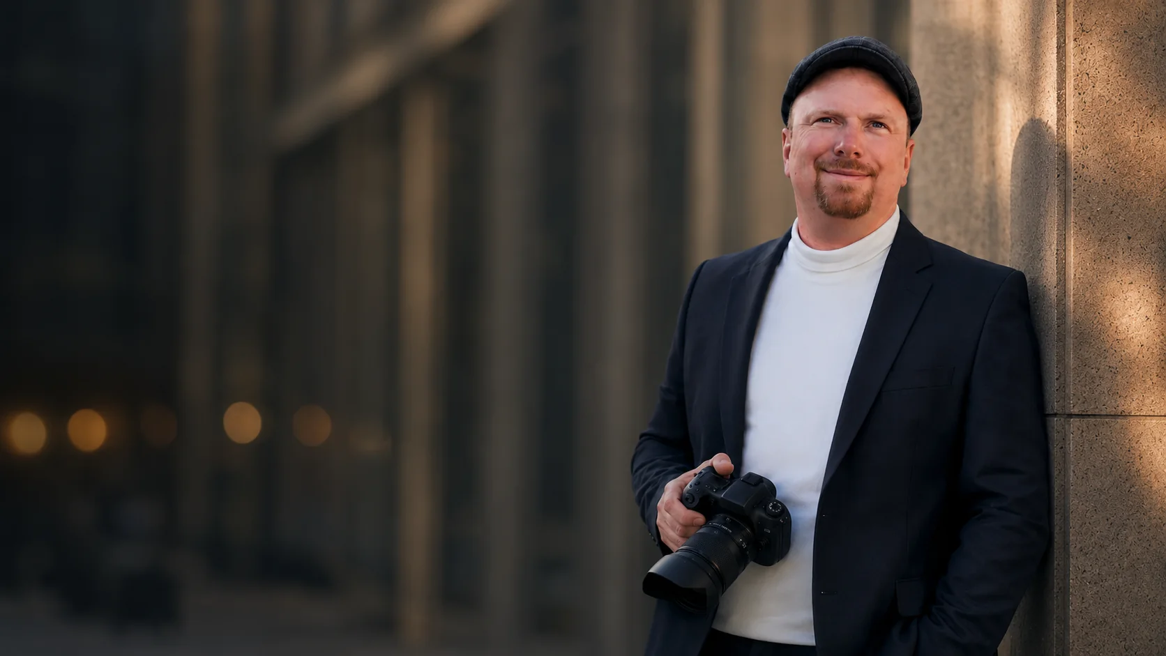 Markus Mitzschke mit Kamera in urbaner Umgebung