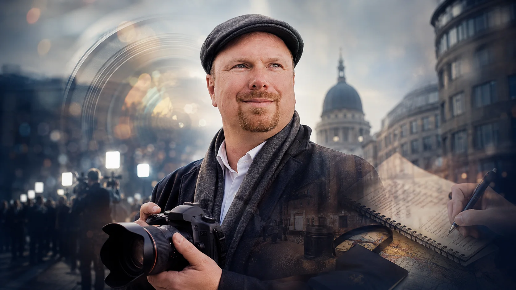 Markus Mitzschke mit Kamera vor städtischer Architektur