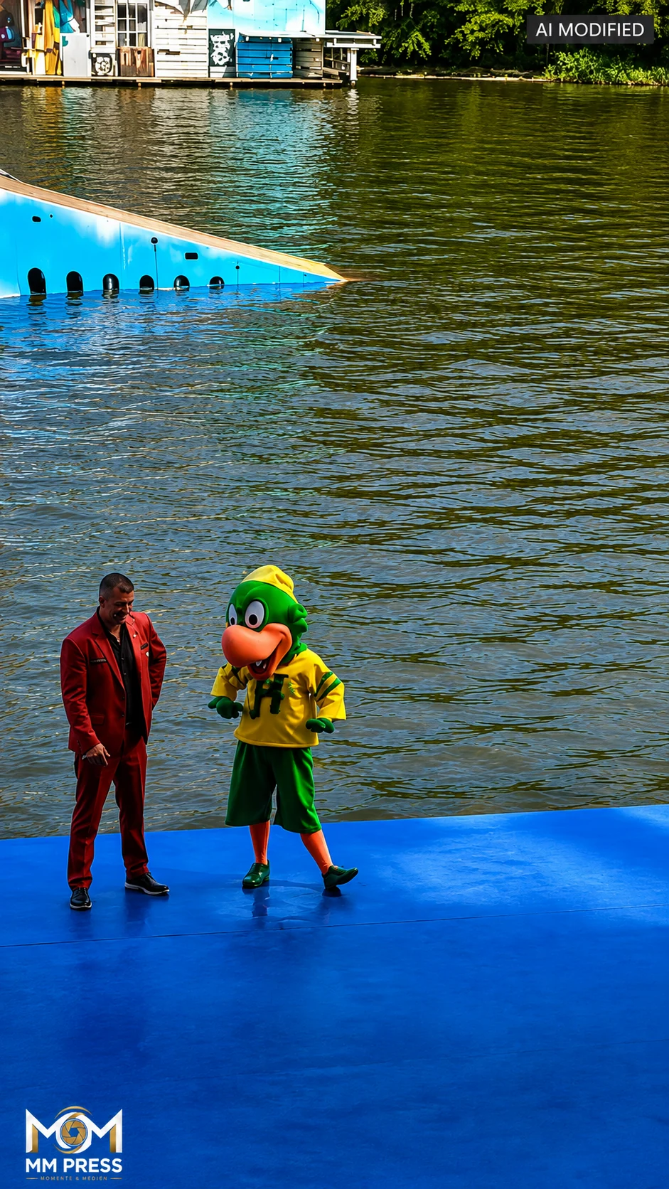 Moderator und Maskottchen auf der Wasserbühne